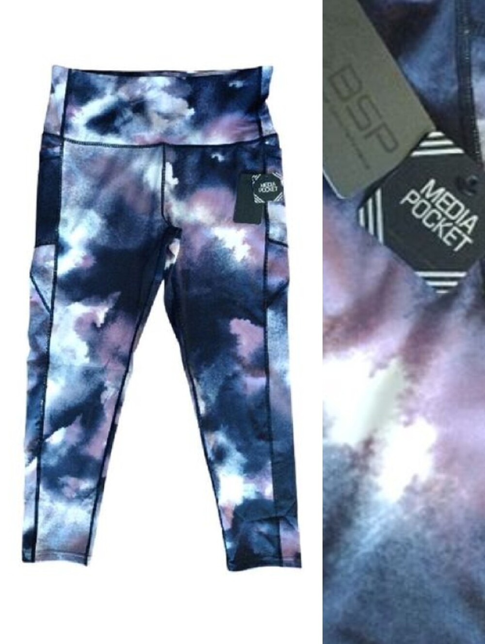 BSP Blue Purple Tie Dye High Waist‎  Workout Leggings Plus 1X NWT with Pockets